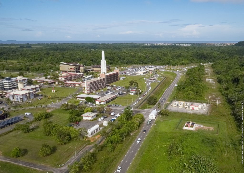 In this photo, the James Webb Space Telescope is driven to Guiana Space Centre from the port. It was shipped from California, through the Panama Canal, to French Guiana, where it will launch. The launch vehicle and launch site are part of the European Space Agency's contribution to the mission.