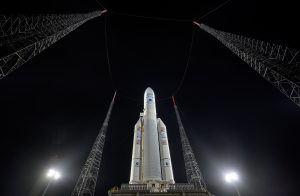 Arianespace's Ariane 5 rocket with NASA’s James Webb Space Telescope onboard, is shown at the launch pad.