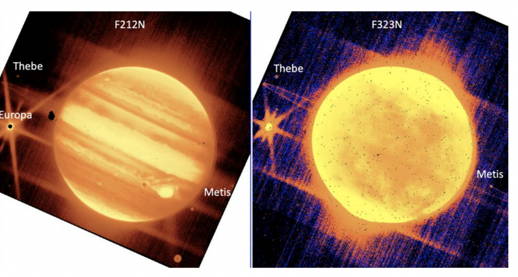 On the left, Jupiter glows in yellow with darker orange bands across it. On the right, Jupiter is bright yellow with darker orange diffused in the center. 