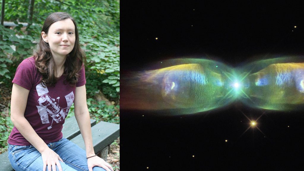 At the left, a seated image of Judy Schmidt on a bench against a backdrop of green leaves. On the right, an astronomical image of a from NASA’s Hubble Space Telescope shows the butterfly-like planetary nebula in green, yellow, and blue, against the black backdrop of space.