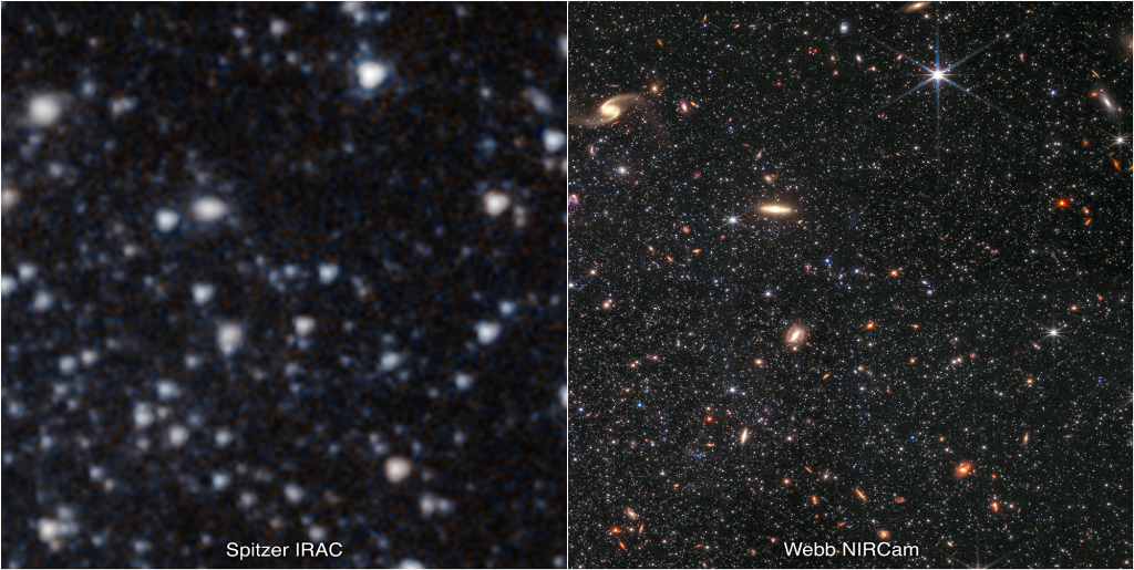 Labeled, side-by-side comparison of dwarf galaxy Wolf-Lundmark-Melotte (WLM) images, as seen by Spitzer’s IRAC on the left and Webb’s NIRCam on the right. Spitzer’s view resembles fuzzy white blotches against a black background, while Webb’s view appears much more focused and detailed. In Webb’s image, there are countless white stars dotting the scene, as well as yellow and orange background galaxies of various shapes. One prominent galaxy is a pale yellow spiral in the top left corner. Another defining feature is a large white star with long diffraction spikes, seen just to the right of the top center.