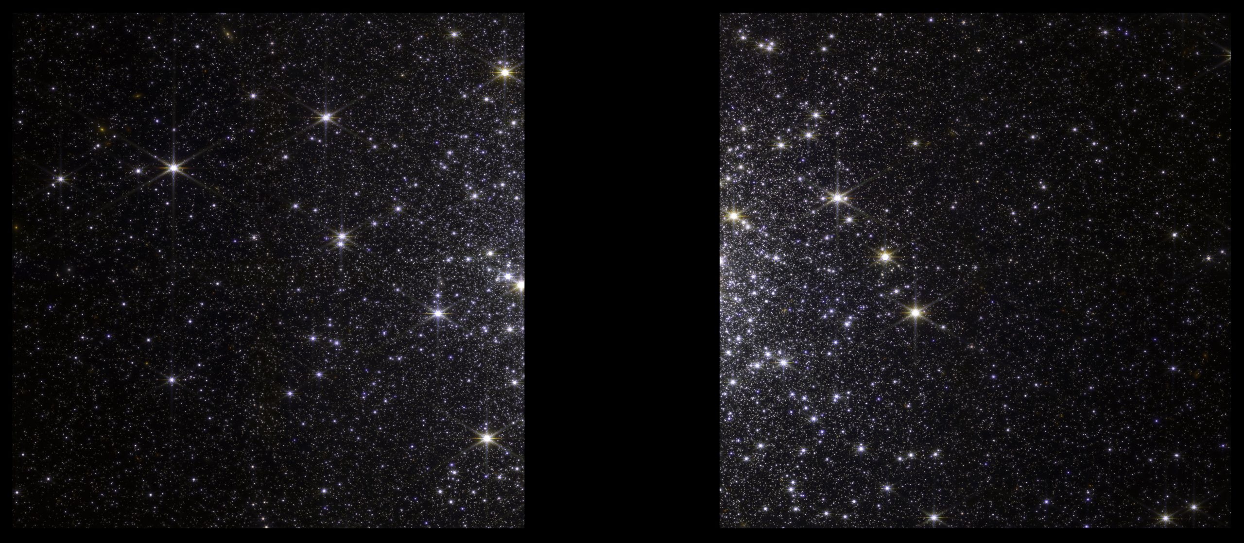 A rectangular image oriented horizontally appears to be two separate square images with a wide black gap in between. The two squares do not mirror each other exactly or align perfectly together. It looks instead like they are two parts of a larger image that has been obscured in the middle by black strip. Both squares are filled with blue, white, yellow, and red points of light of different size and brightness, most of which are stars. The larger and brighter stars show Webb’s distinctive diffraction pattern consisting of eight spikes radiating from the center. Both squares show an increase in density of stars toward the central gap. Altogether, the stars appear to form a loose ball-like shape whose core is obscured by the gap.