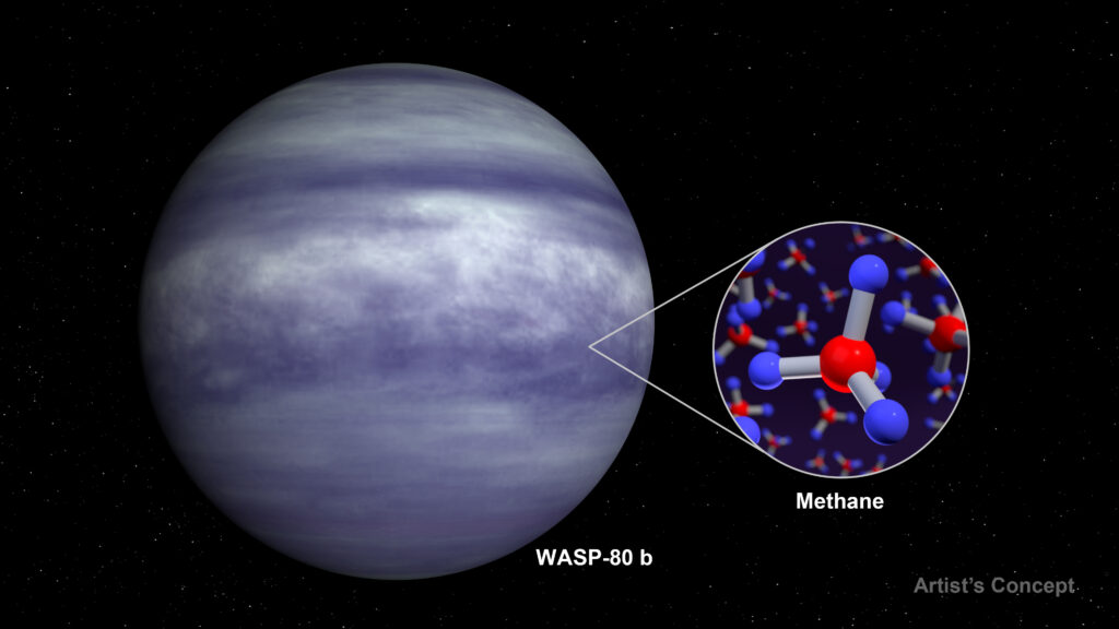 An artists rendering of a blue and white exoplanet known as WASP-80 b, set on a star-studded black background. Alternating horizontal layers of cloudy white, grey and blue cover the planets surface. To the right of the planet, a rendering of the chemical methane is depicted with four hydrogen atoms bonded to a central carbon atom, representing methane within the exoplanet's atmosphere. 