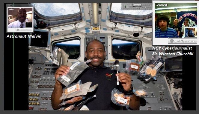 Leland talks with students (inset) and in orbit on shuttle