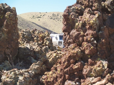 SEV behind rock formations