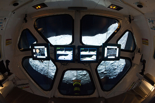 View from inside the Multi-Mission Space Exploration Vehicle (MMSEV) as the simulated asteroid mission is running. Photo credit: NASA