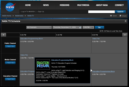 NASA TV Schedule Screenshot
