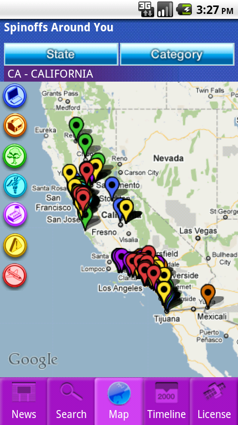 Screenshot from App showing a Map of Spinoffs