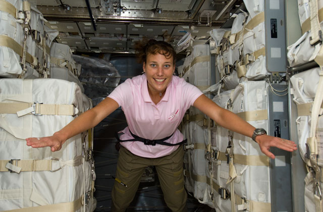 Dottie Metcalf-Lindenburger floating on the International Space Station