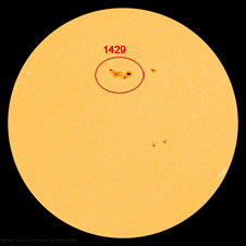 Sunspot 1429 continues to grow and may yet produce more flares. It is now more than seven times wider than Earth Credit: NASA/SDO/HMI