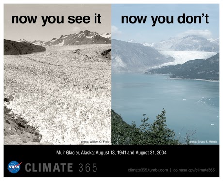 side-by-side comparison of Muir Glacier in 1941, on left, and in 2004, on right.