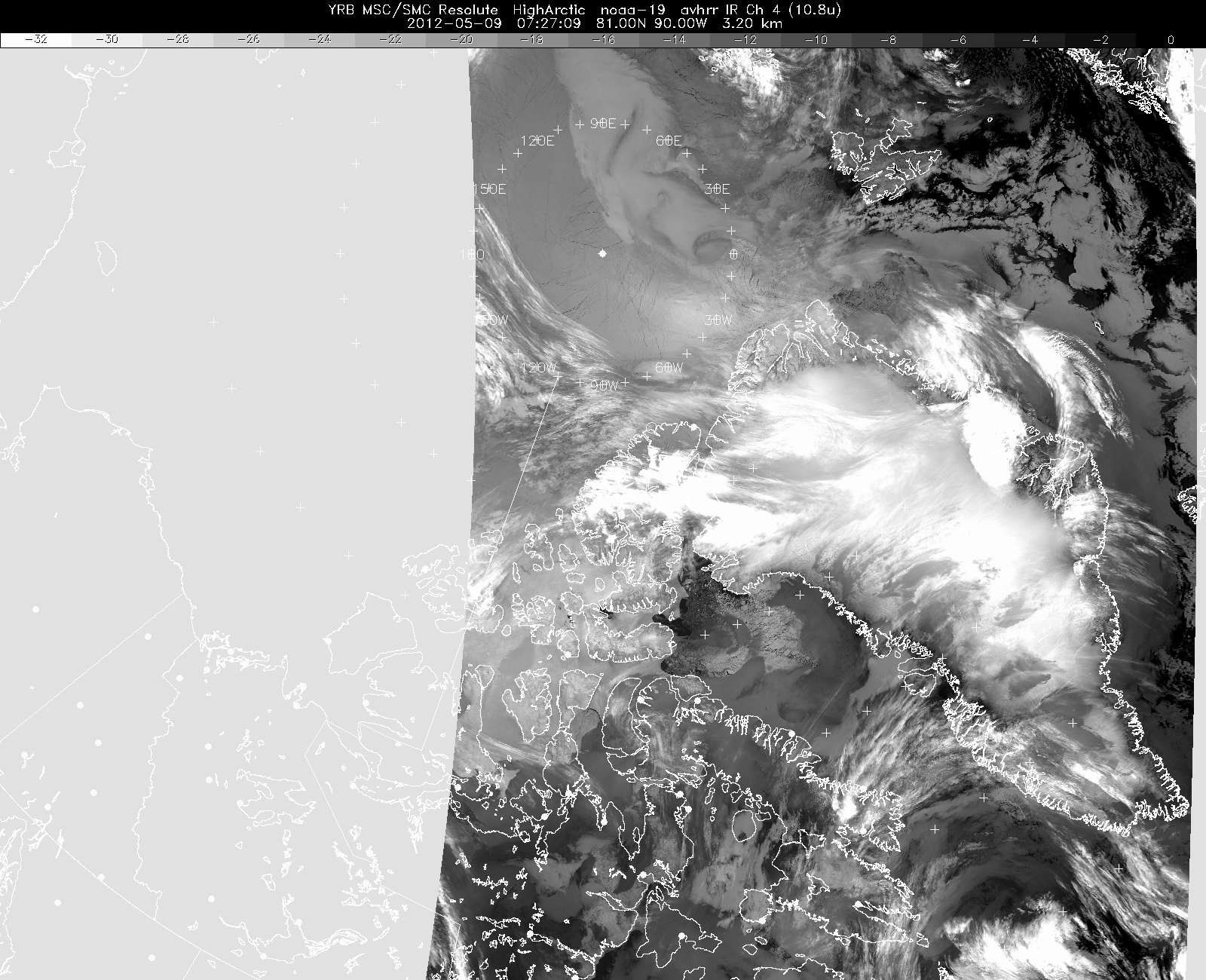 An early morning weather satellite image of Greenland and Arctic Canada, taken on 9 May 2012.