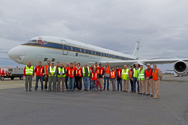 Group photo of IceBridge team in front of the NASA DC-8.