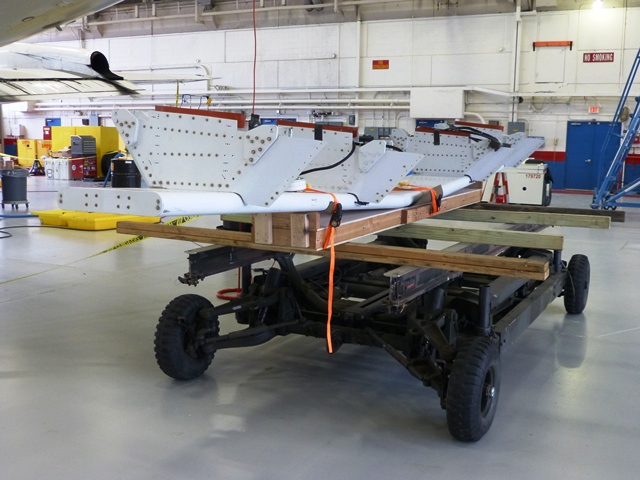 The MCoRDS radar antenna on a cart prior to being attached to the underside of the P-3B. 