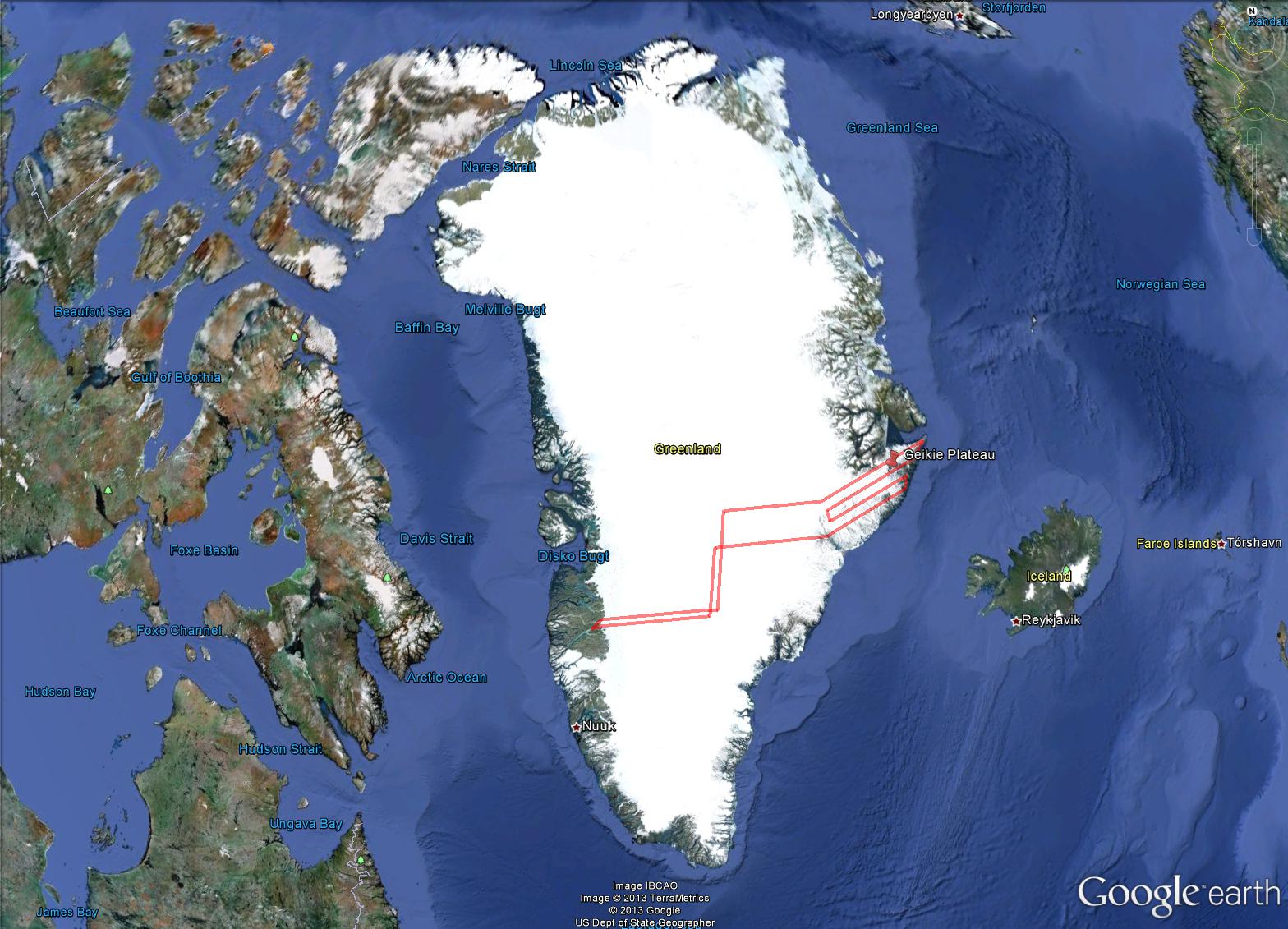 Flight path for Apr. 11 survey of Greenland's Geikie Peninsula