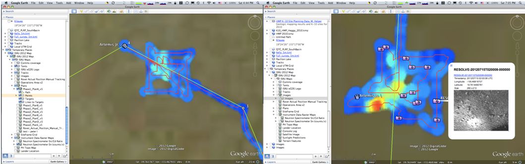 (Left) Screengrab of one of our visualization tools of a traverse-trek with data from the neutron spectrometer colorized to indicate signal strength. The green line shows the planned path; red line shows the actual path. Shown here is the trace from a “hotspot localization” routine so we can pinpoint the source further for analysis. (Right) Same scene but this time overlaid are locations of each of our rover-camera images, with one shown as an example.