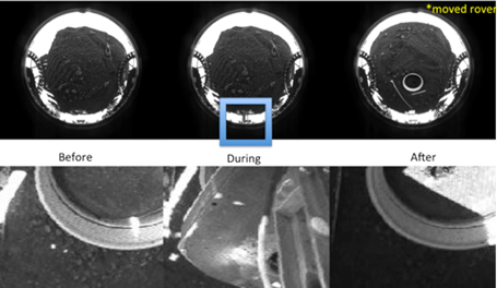 Examples of rover images before, during, and after a drilling exercise from (top) a fish-eye lens camera in the rover underbelly and (bottom) a camera that is coincident with the near infrared spectrometer field of view.