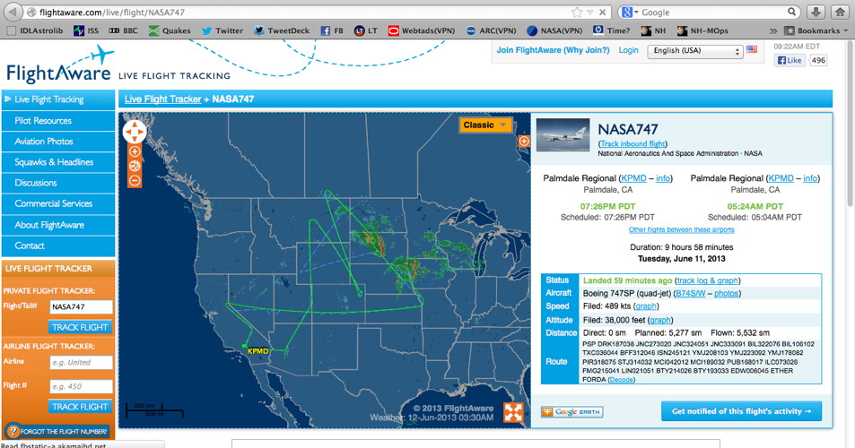 Screengrab of actual SOFIA Flight#105 flightpath Jun 11-12, 2013 from Flightaware.com