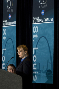 Shana Dale at St. Louis Future Forum, March 25, 2008 (Credit: NASA)